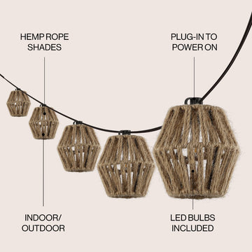 Samara 10-Light Indoor/Outdoor 10 ft. Mid-Century Classic Incandescent C7 Lantern Hemp Rope Shaded String Lights - JONATHAN Y